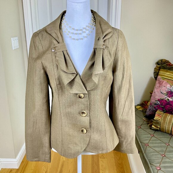 Myne Blazer Jacket Herringbone Ruffle Collar Single Breasted Brown (6) - Picture 1 of 7
